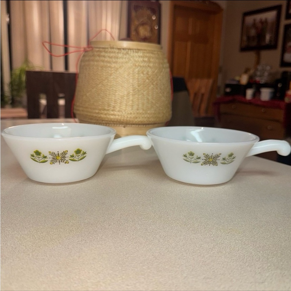 Vintage Fire King "Meadow Green" Milk Glass Handled Soup Bowls | Set of 2 - Picture 4 of 12